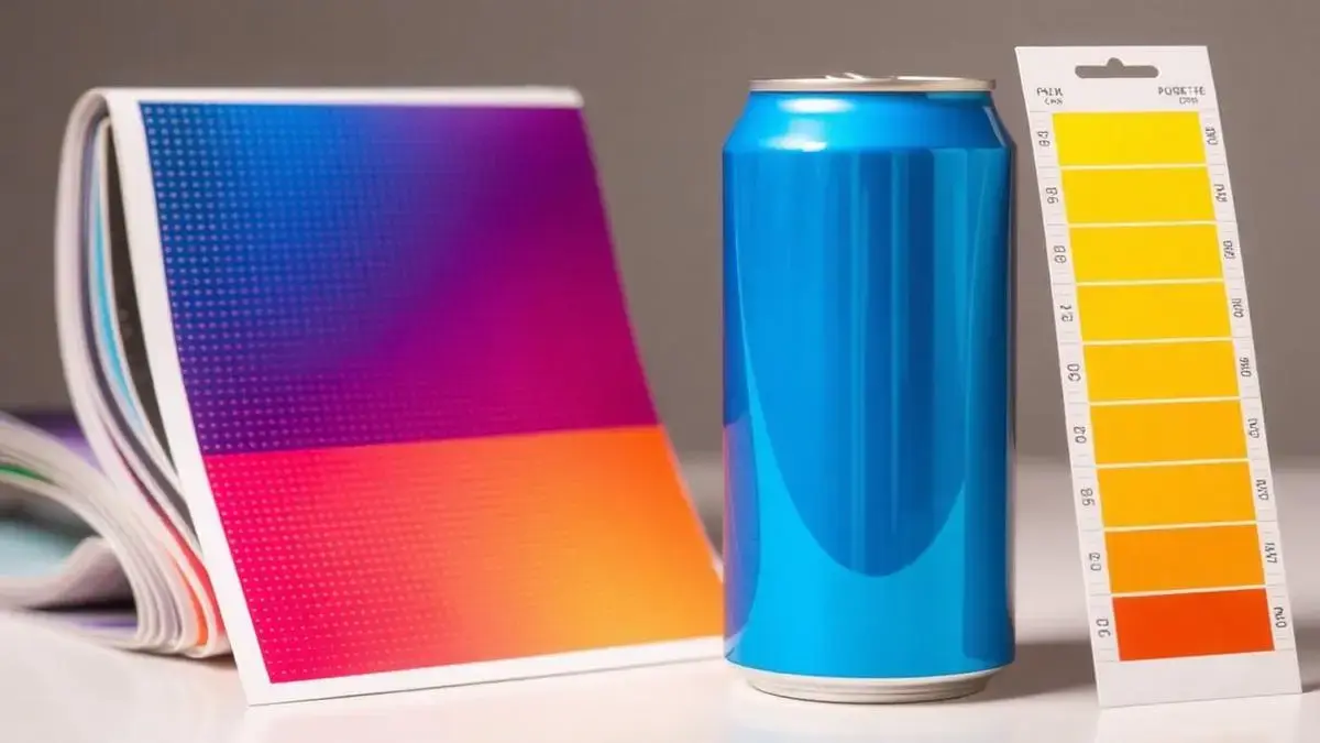 Colour fan, screen proof and blank can for colour comparison