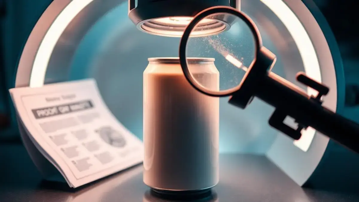 Qualitätskontrolle einer unbedruckten Dose mit Lupe und Proof-Ausdrucken