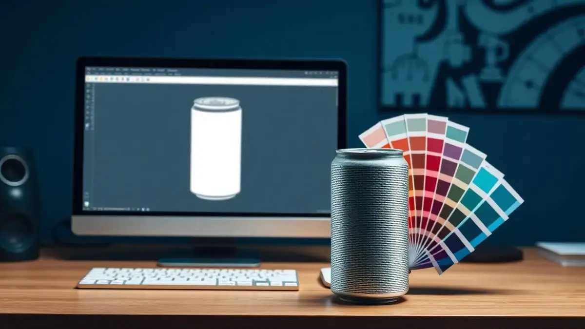 Design workstation showing a can layout on screen next to a colour fan