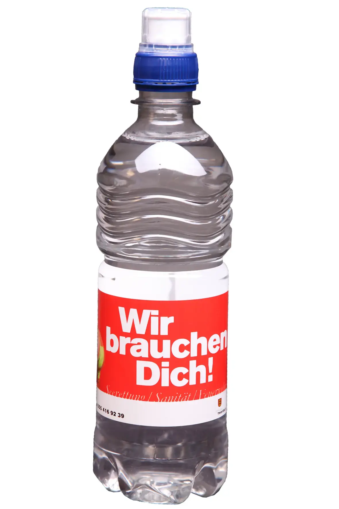 Wir brauchen Dich – Werbewasser für Kampagne